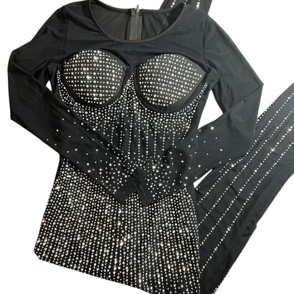 Jumpsuit Embellished W/ Rhinestones Black Mesh Size Medium - Picture 4 of 16